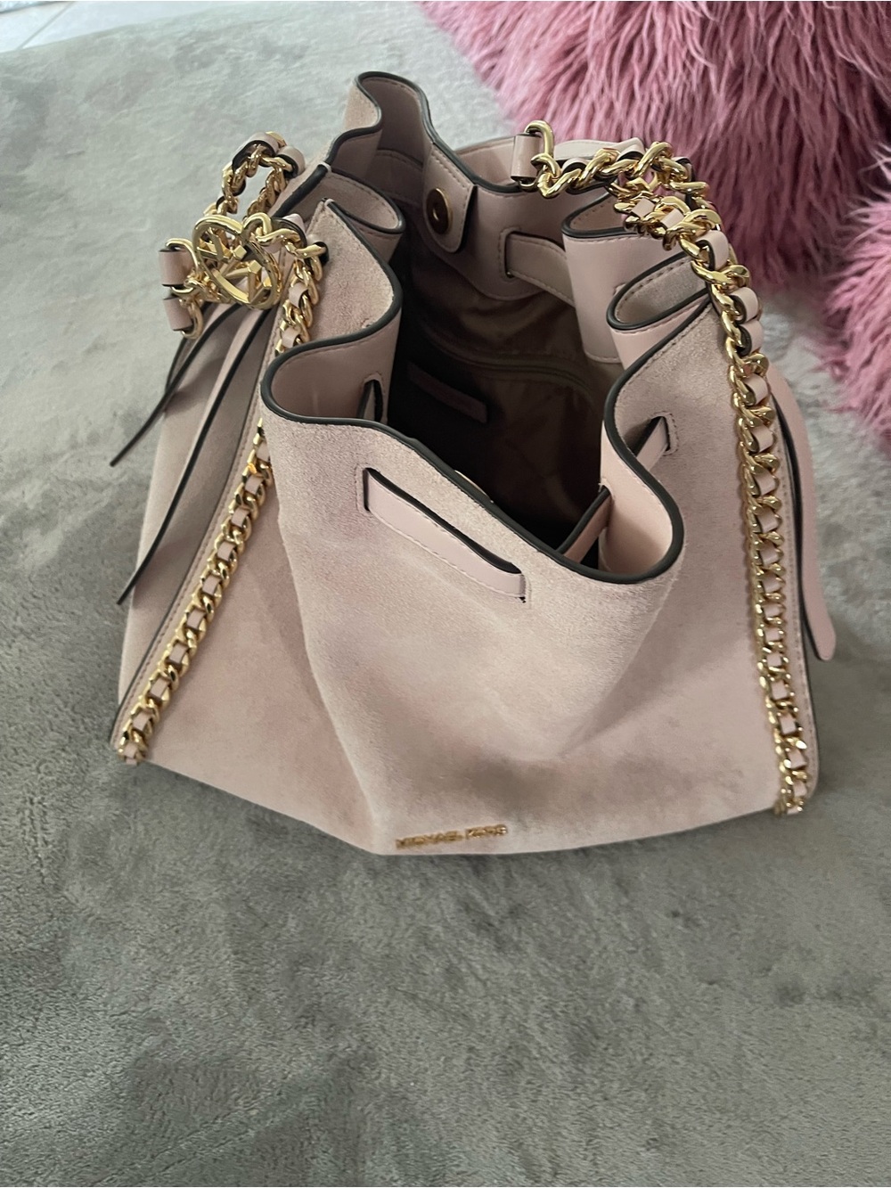 Michael Kors Blush Suede Bucket Shoulder Bag with Gold Chain Trim